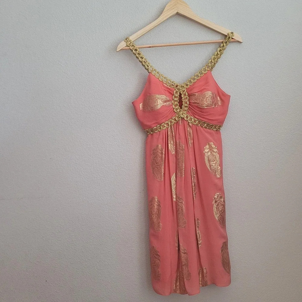 Milly Women's Babydoll Dress Size 2 Pink Paisley Sleeveless V-Neck Pullover